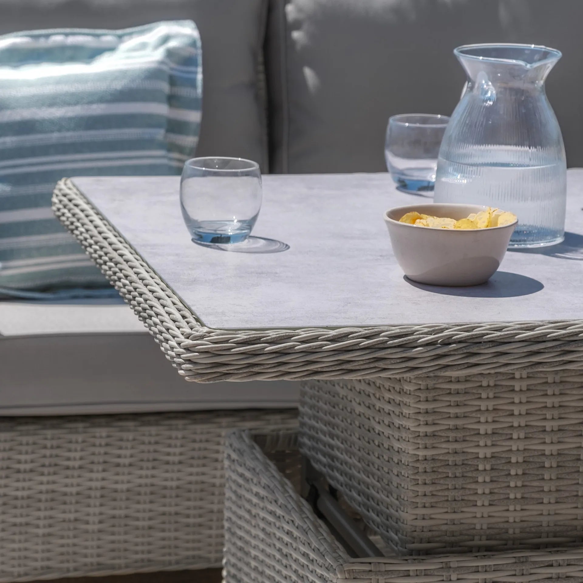 Maze - Oxford Deluxe Large Rattan Corner Dining Set
with Rising Table & Armchair - Ceramic Glass - Blythe Living