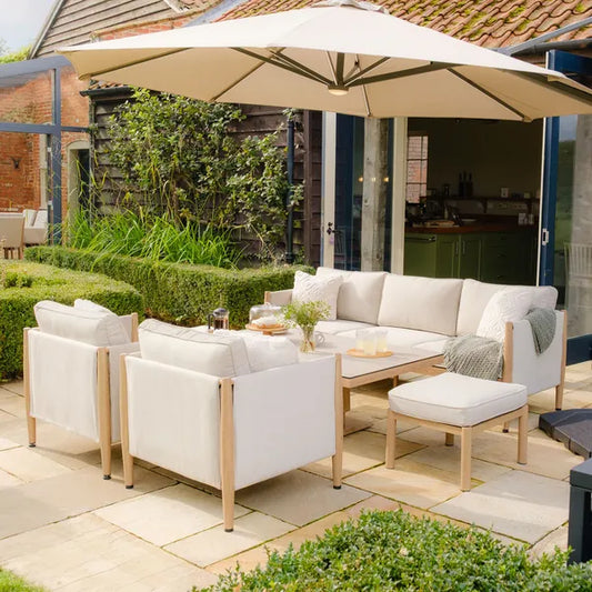 Maze - Burford 3 Seat Aluminium Sofa Dining Set
with Rising Table & Footstools - Almond - Blythe Living