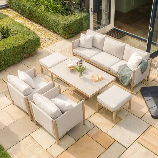 Maze - Burford 3 Seat Aluminium Sofa Dining Set
with Rising Table & Footstools - Almond - Blythe Living