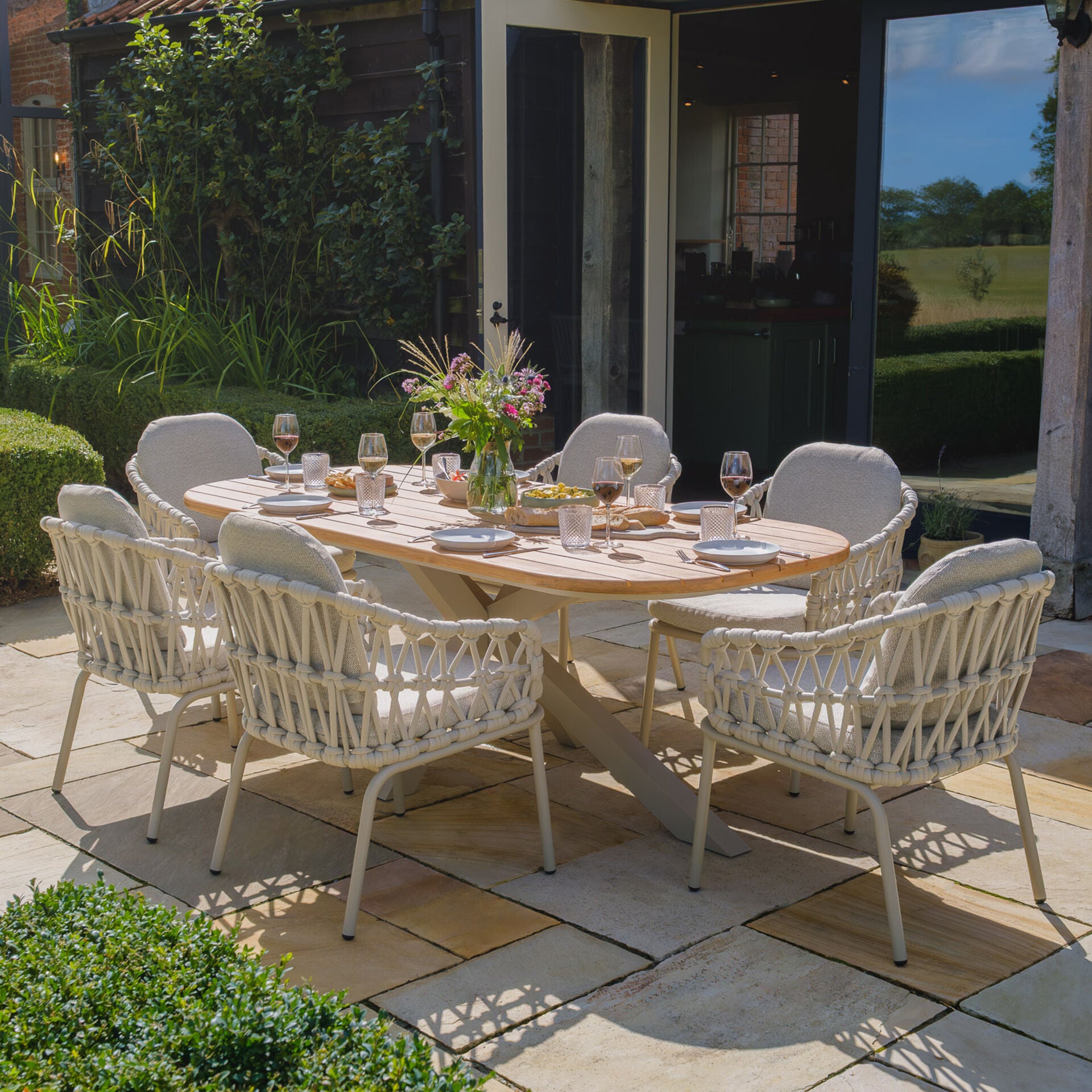 Maze - Sicily Open Rope Weave 6 Seat Rectangular Dining Set - Latte - Blythe Living