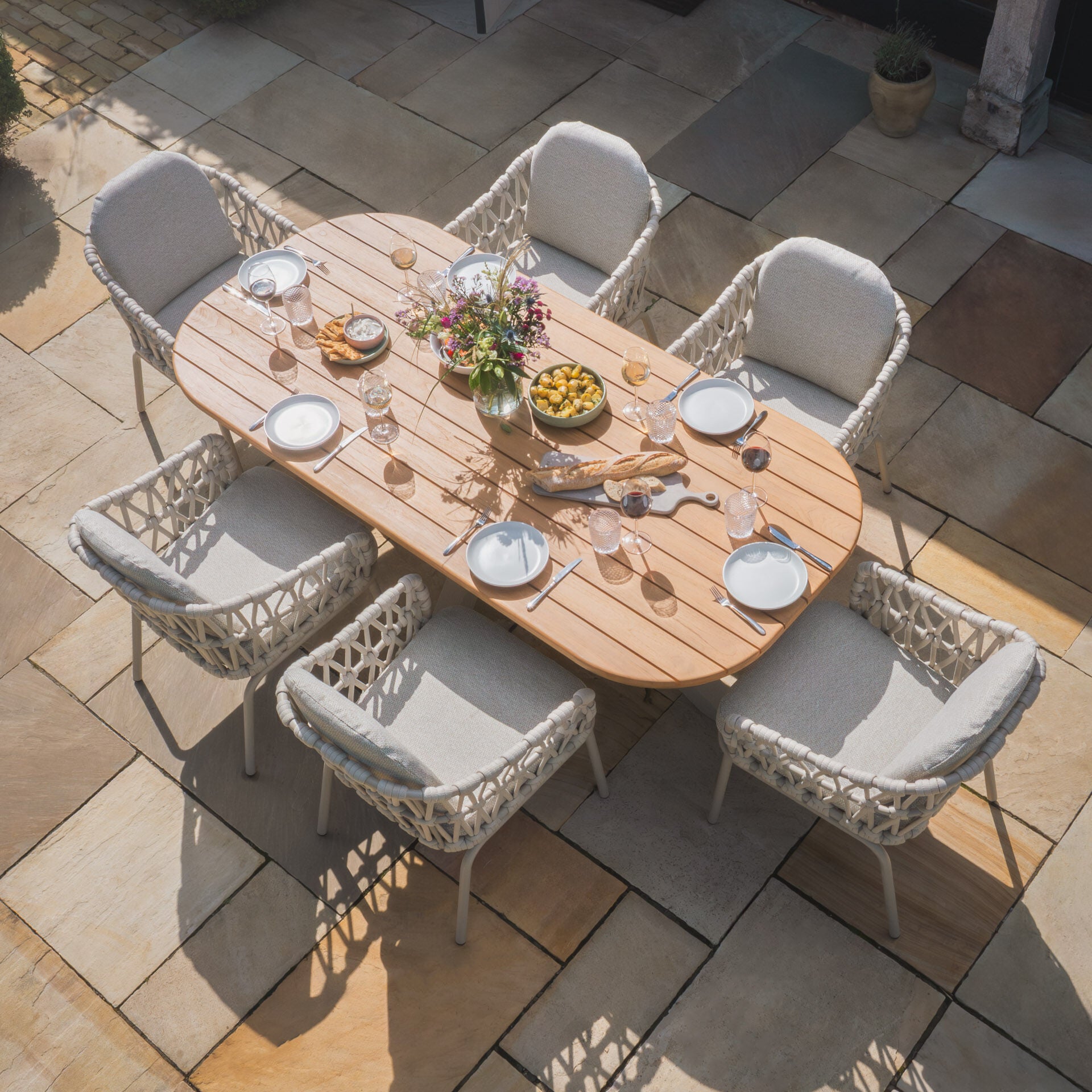 Maze - Sicily Open Rope Weave 6 Seat Rectangular Dining Set - Latte - Blythe Living