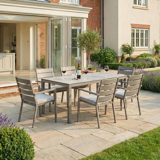 Maze - Montreal Aluminium 6 Seat Rectangular Garden Dining Set - Cool Linen - Blythe Living