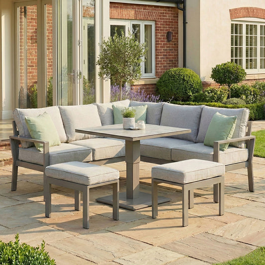 Maze - Montreal Aluminium Small Garden Sofa Dining Set
with Square Rising Table & Footstools - Cool Linen - Blythe Living