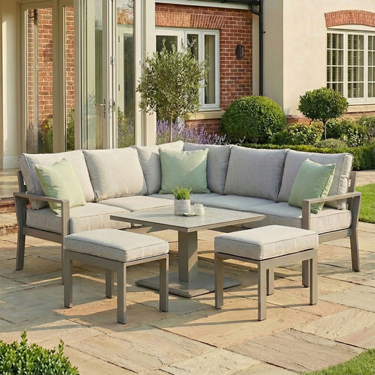 Maze - Montreal Aluminium Small Garden Sofa Dining Set
with Square Rising Table & Footstools - Cool Linen - Blythe Living
