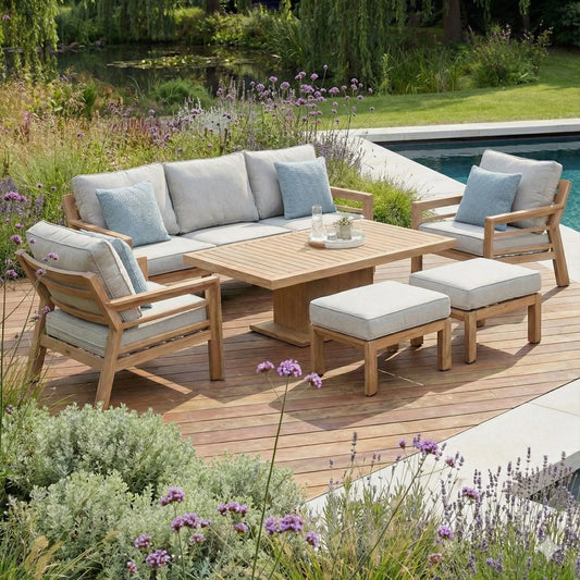 Maze - New York 3 Seat Sofa Wood Effect Aluminium Sofa Set
with Rising Table - Almond - Blythe Living