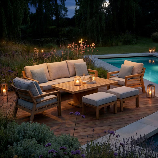 Maze - New York 3 Seat Sofa Wood Effect Aluminium Sofa Set
with Rising Table - Almond - Blythe Living
