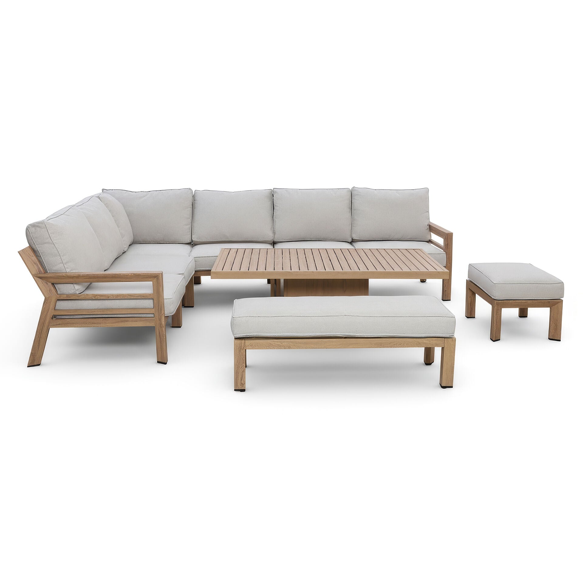 Maze - New York Wood Effect Aluminium Corner Dining Set
with Rising Table - Almond - Blythe Living