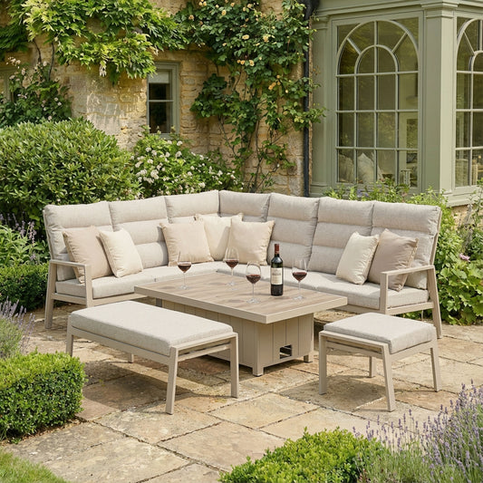 Maze - Valencia Reclining Aluminium Corner Garden Dining Set
with Rising Table, Footstools & Bench - Latte - Blythe Living