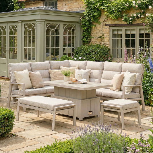 Maze - Valencia Reclining Aluminium Corner Garden Dining Set
with Rising Table, Footstools & Bench - Latte - Blythe Living