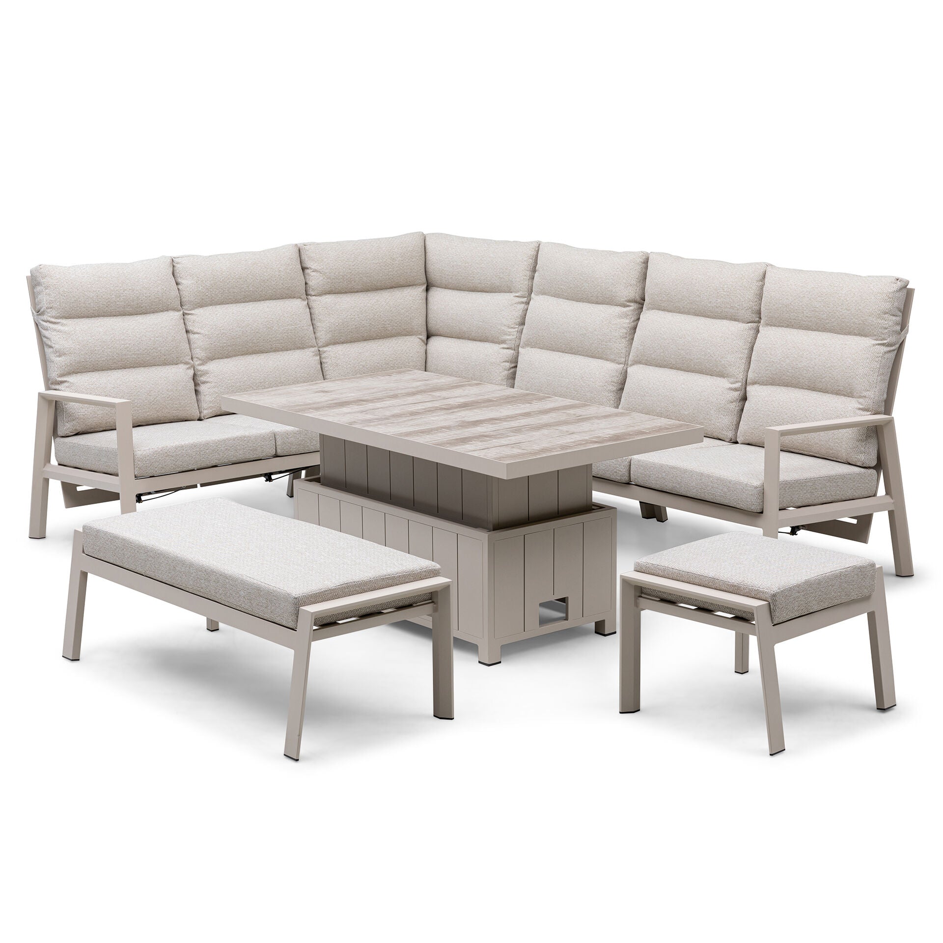 Maze - Valencia Reclining Aluminium Corner Garden Dining Set
with Rising Table, Footstools & Bench - Latte - Blythe Living
