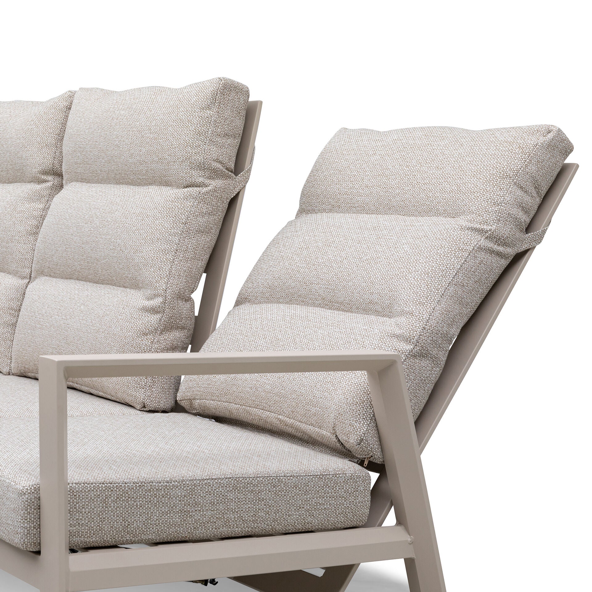 Maze - Valencia Reclining Aluminium Corner Garden Dining Set
with Rising Table, Footstools & Bench - Latte - Blythe Living
