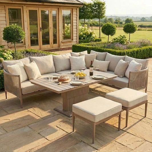 Maze - Havana Rope Weave Large Corner Dining Set
with Rectangular Rising Table & Footstools - Blythe Living