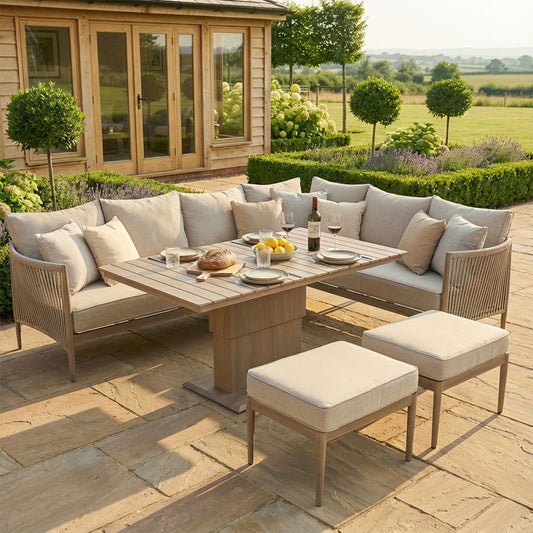 Maze - Havana Rope Weave Large Corner Dining Set
with Rectangular Rising Table & Footstools - Blythe Living