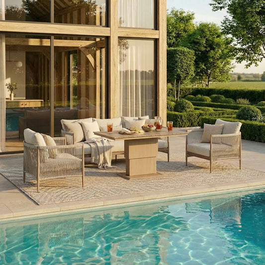 Maze - Havana Rope Weave 3 Seat Sofa Dining Set
with Rising Table & Footstools - Blythe Living