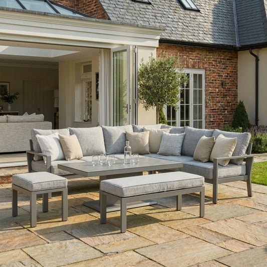 Maze - Montreal Aluminium Large Garden Corner Dining Set
with Rectangular Rising Table, Footstool & Bench - Cool Linen - Blythe Living
