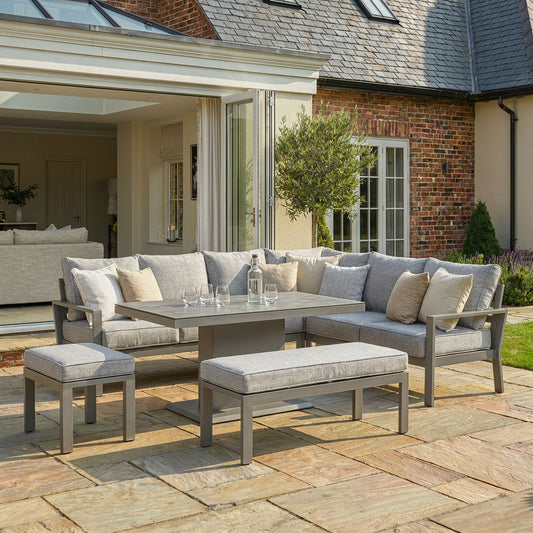 Maze - Montreal Aluminium Large Garden Corner Dining Set
with Rectangular Rising Table, Footstool & Bench - Cool Linen - Blythe Living