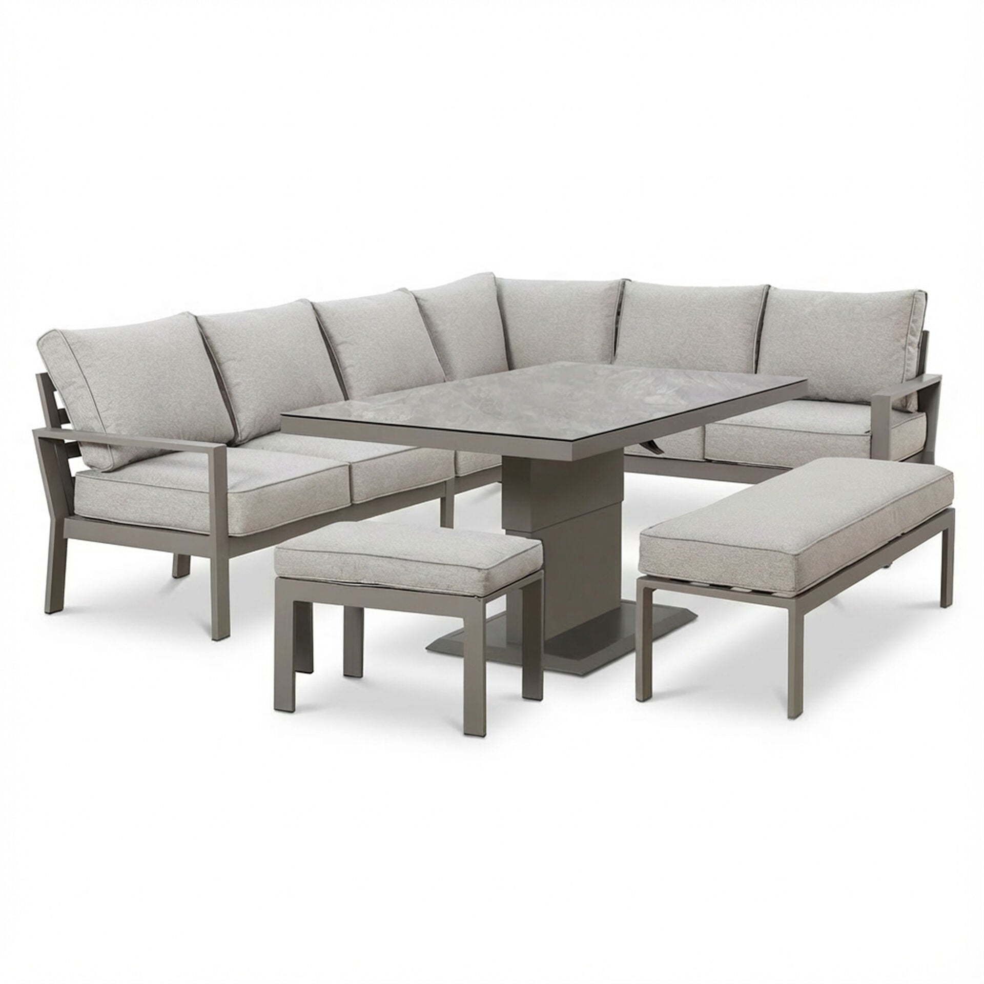 Maze - Montreal Aluminium Large Garden Corner Dining Set
with Rectangular Rising Table, Footstool & Bench - Cool Linen - Blythe Living