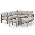 Maze - Montreal Aluminium Large Garden Corner Dining Set
with Rectangular Rising Table, Footstool & Bench - Cool Linen - Blythe Living