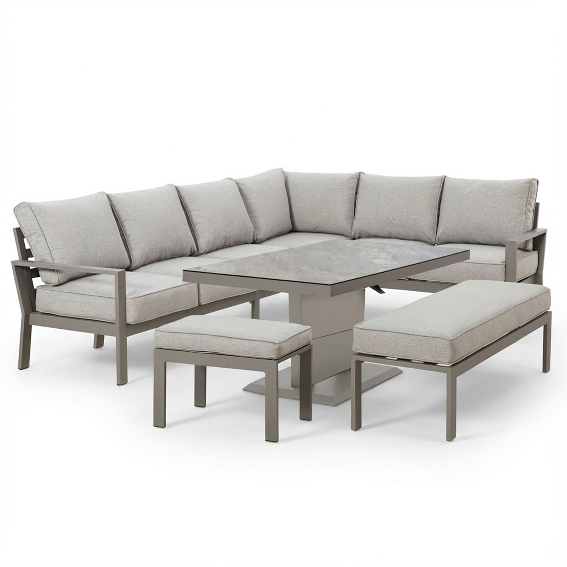 Maze - Montreal Aluminium Large Garden Corner Dining Set
with Rectangular Rising Table, Footstool & Bench - Cool Linen - Blythe Living