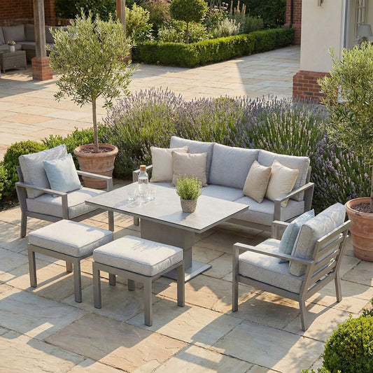 Maze - Montreal Aluminium 3 Seat Garden Sofa Dining Set
with Rising Table & Footstools - Cool Linen - Blythe Living