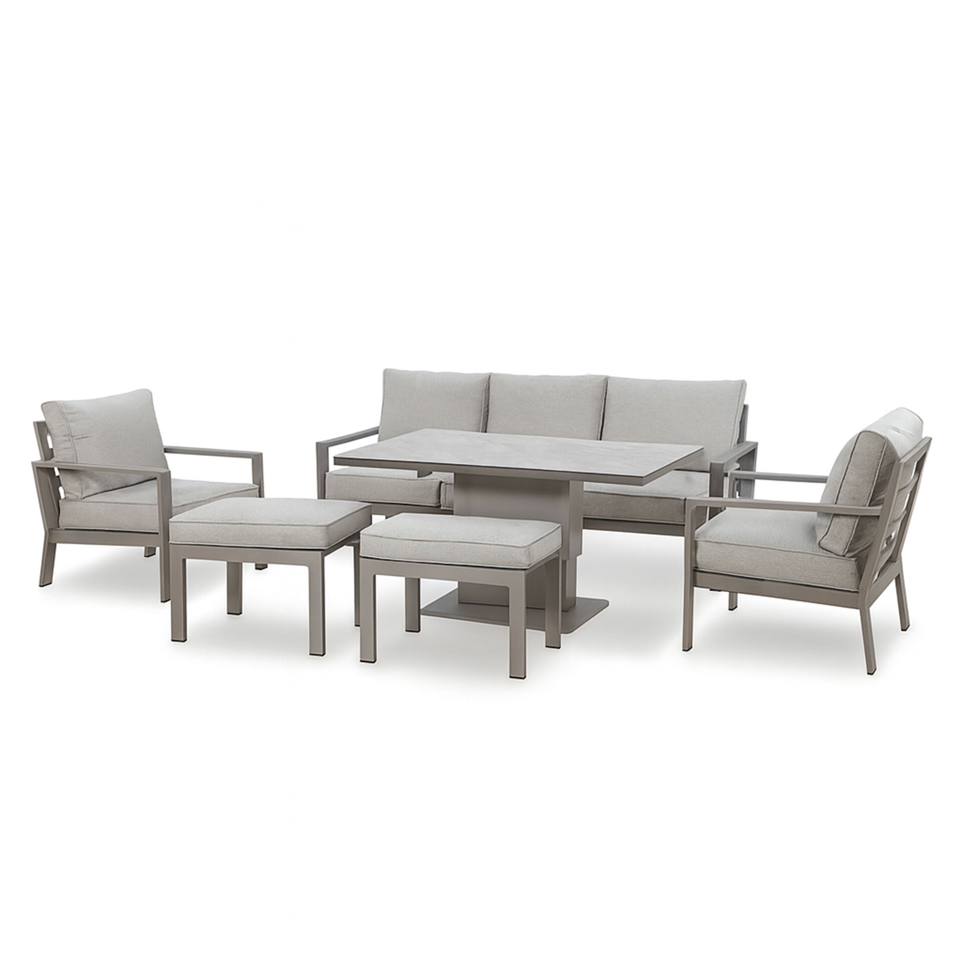 Maze - Montreal Aluminium 3 Seat Garden Sofa Dining Set
with Rising Table & Footstools - Cool Linen - Blythe Living