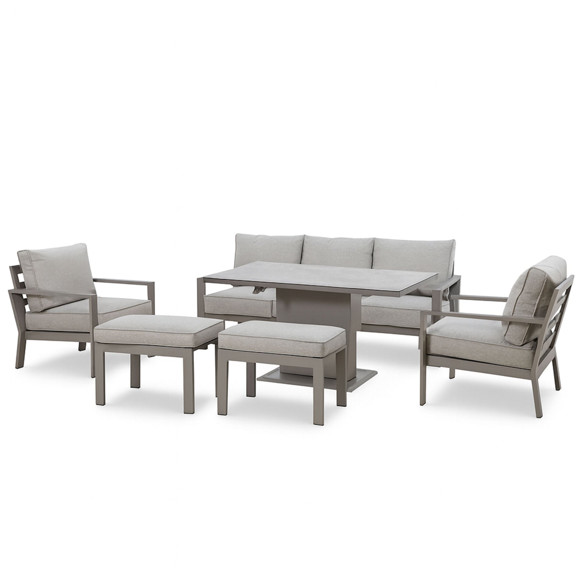 Maze - Montreal Aluminium 3 Seat Garden Sofa Dining Set
with Rising Table & Footstools - Cool Linen - Blythe Living