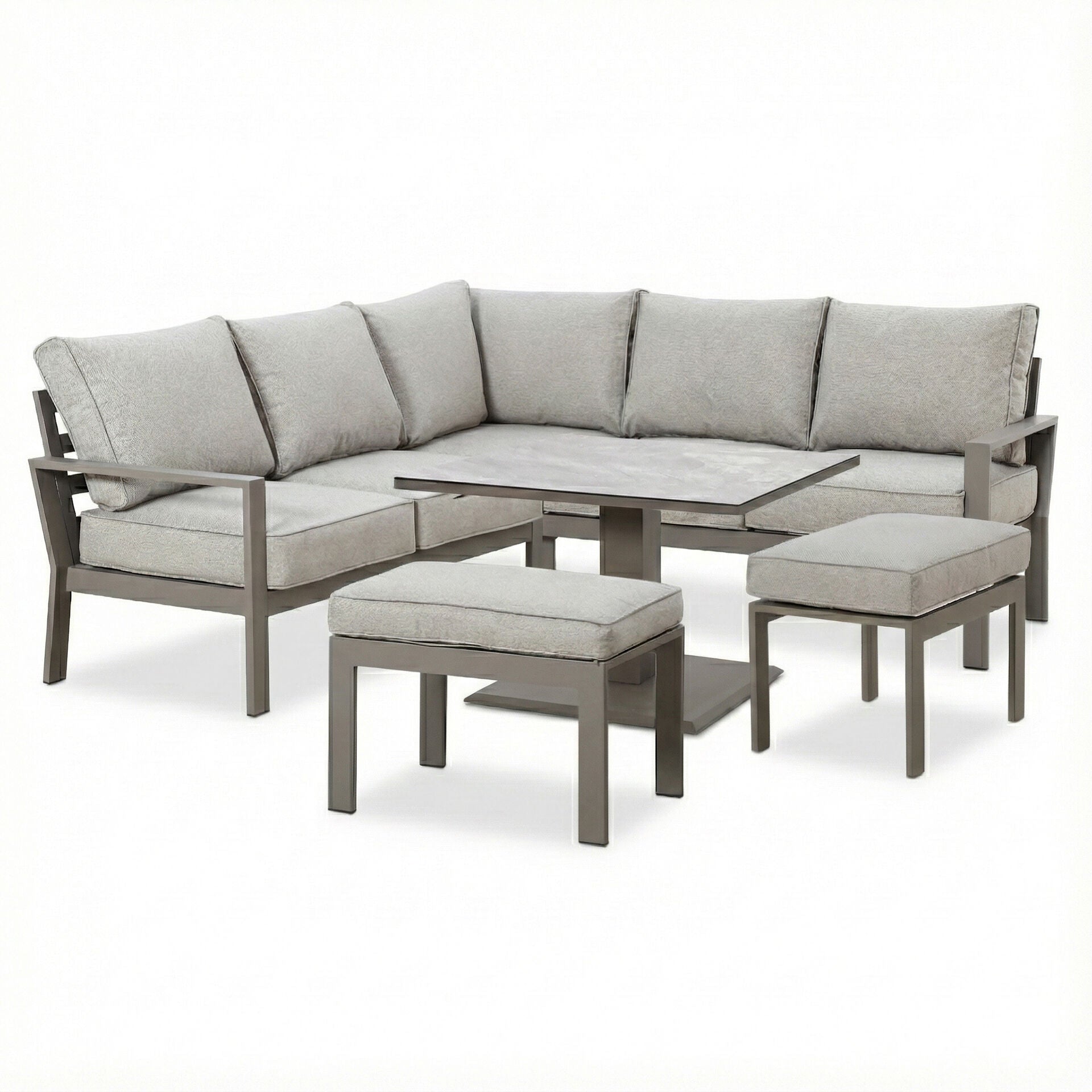 Maze - Montreal Aluminium Small Garden Sofa Dining Set
with Square Rising Table & Footstools - Cool Linen - Blythe Living