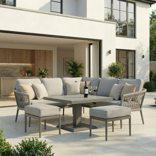 Maze - Monaco Rope Weave Small Corner Dining Set
with Square Rising Table & Footstools - Cool Linen - Blythe Living