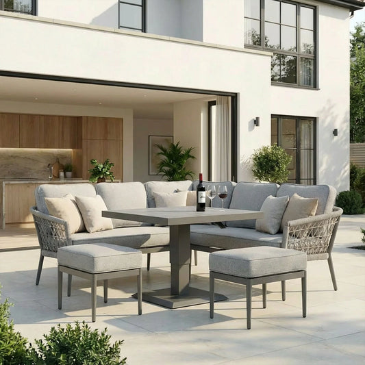 Maze - Monaco Rope Weave Small Corner Dining Set
with Square Rising Table & Footstools - Cool Linen - Blythe Living