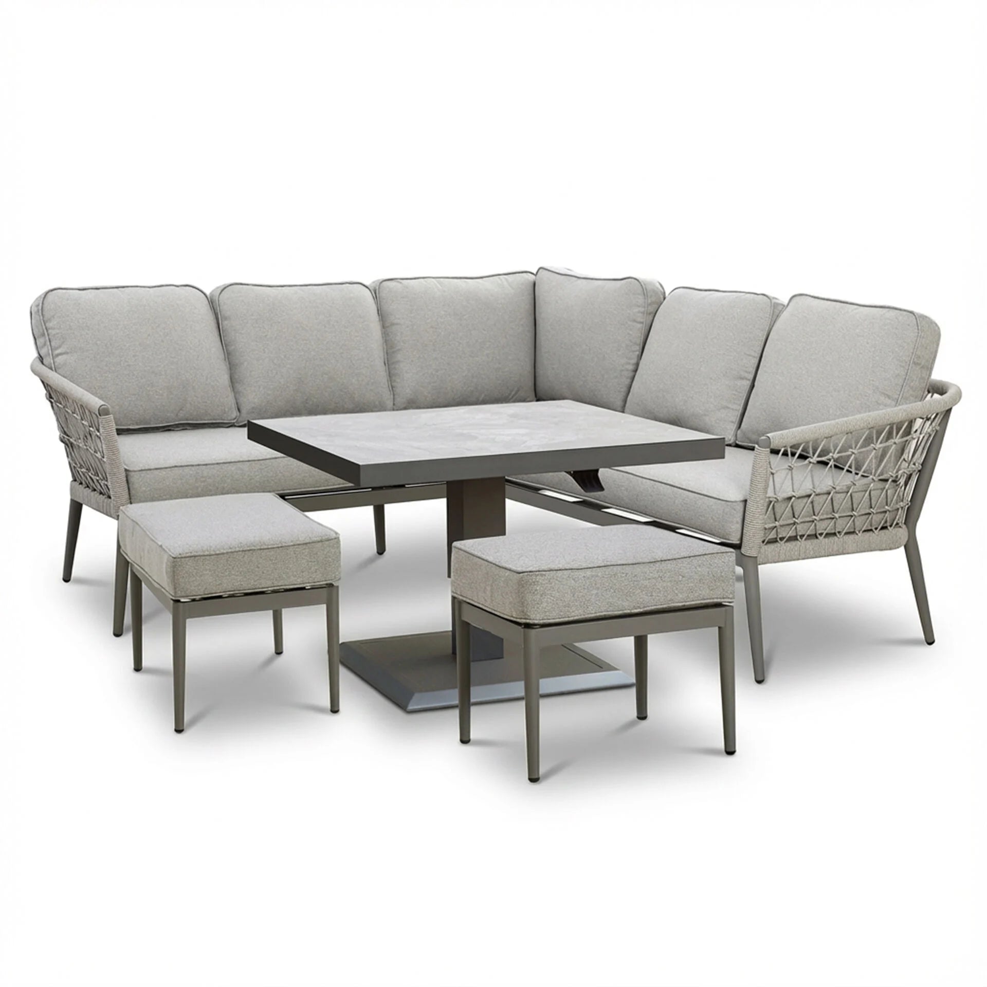 Maze - Monaco Rope Weave Small Corner Dining Set
with Square Rising Table & Footstools - Cool Linen - Blythe Living