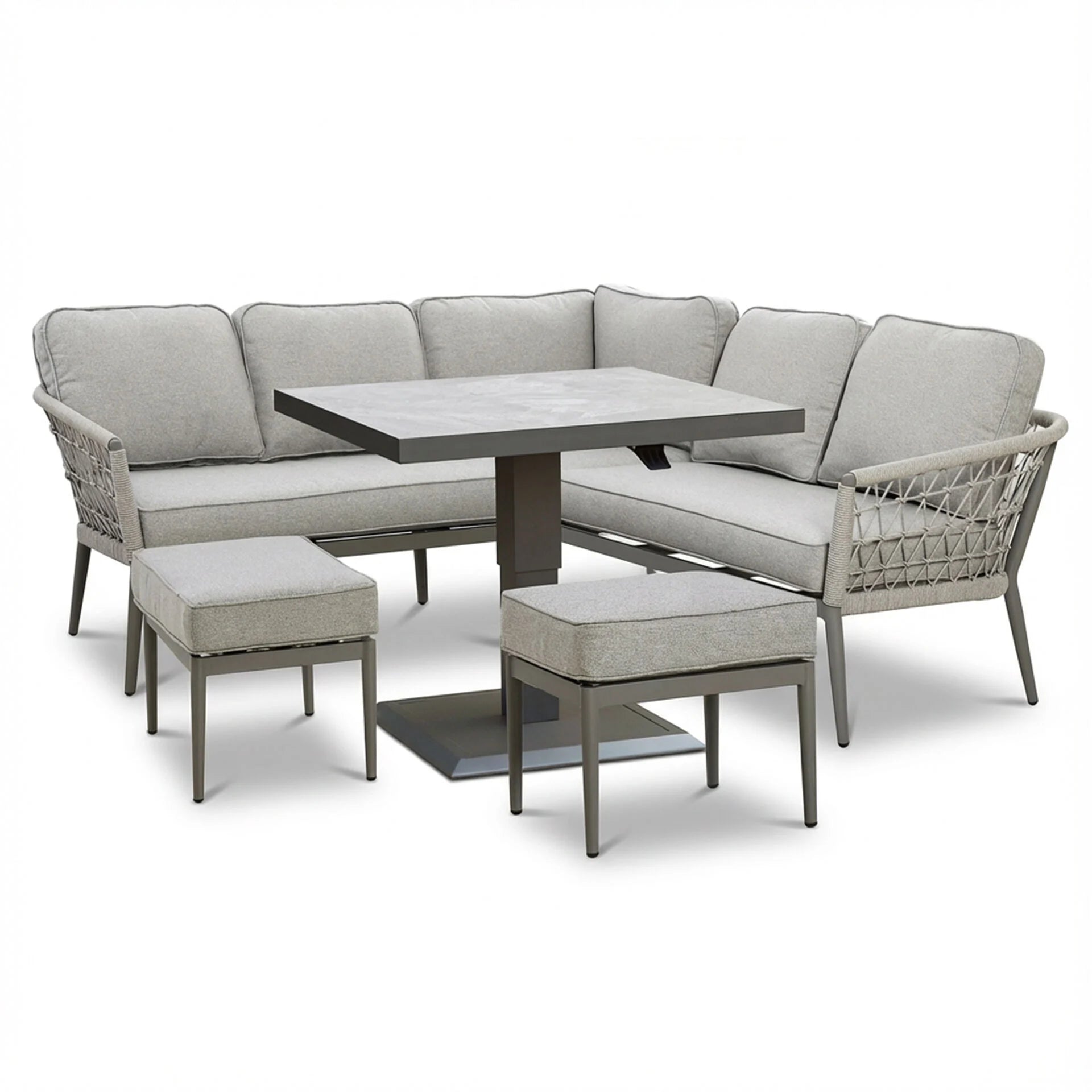Maze - Monaco Rope Weave Small Corner Dining Set
with Square Rising Table & Footstools - Cool Linen - Blythe Living