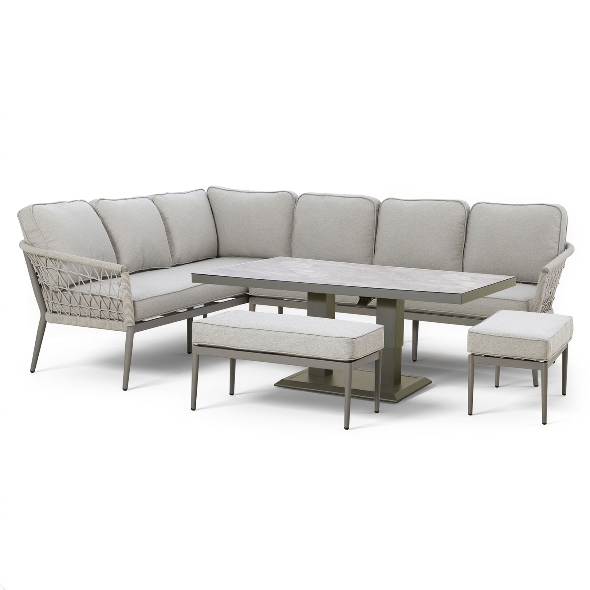 Maze - Monaco Rope Weave Large Corner Dining Set
with Rectangular Rising Table & Footstools - Cool Linen - Blythe Living