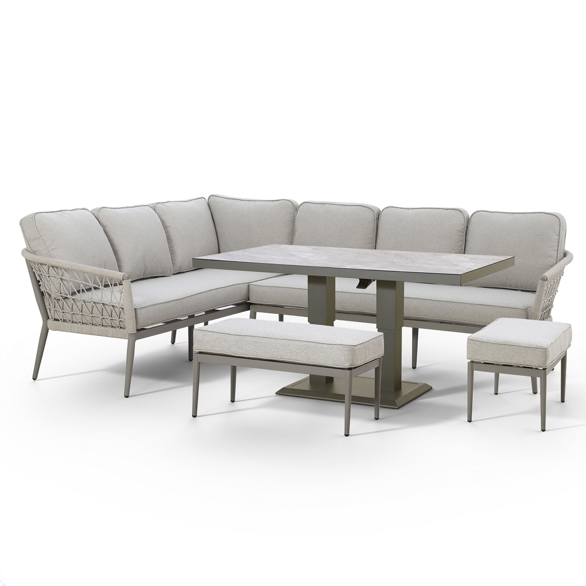 Maze - Monaco Rope Weave Large Corner Dining Set
with Rectangular Rising Table & Footstools - Cool Linen - Blythe Living