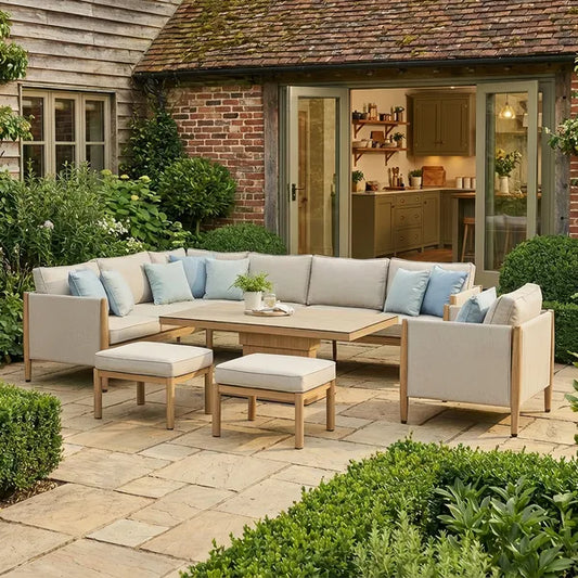 Maze - Burford Large Aluminium Corner Dining Set
with Rising Table, Footstools & Armchair - Almond - Blythe Living