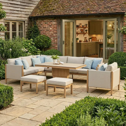 Maze - Burford Large Aluminium Corner Dining Set
with Rising Table, Footstools & Armchair - Almond - Blythe Living