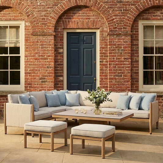 Maze - Burford Large Aluminium Corner Dining Set
with Rising Table & Footstools - Almond - Blythe Living