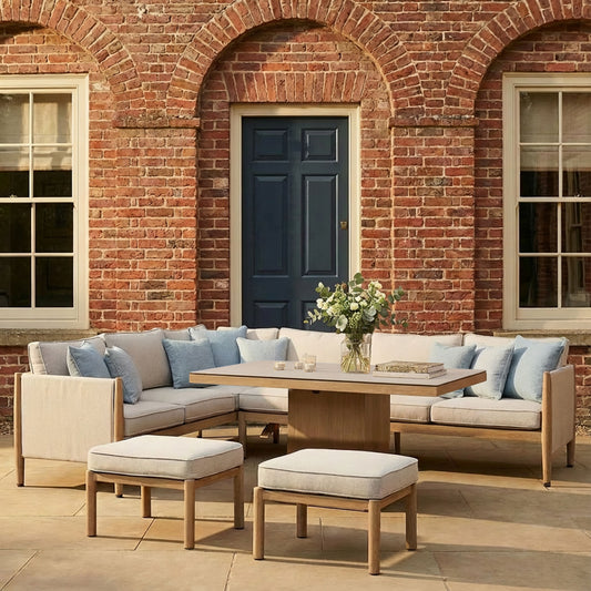 Maze - Burford Large Aluminium Corner Dining Set
with Rising Table & Footstools - Almond - Blythe Living