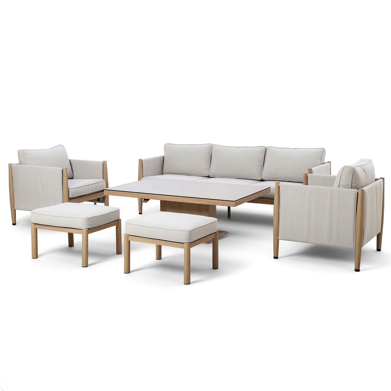 Maze - Burford 3 Seat Aluminium Sofa Dining Set
with Rising Table & Footstools - Almond - Blythe Living
