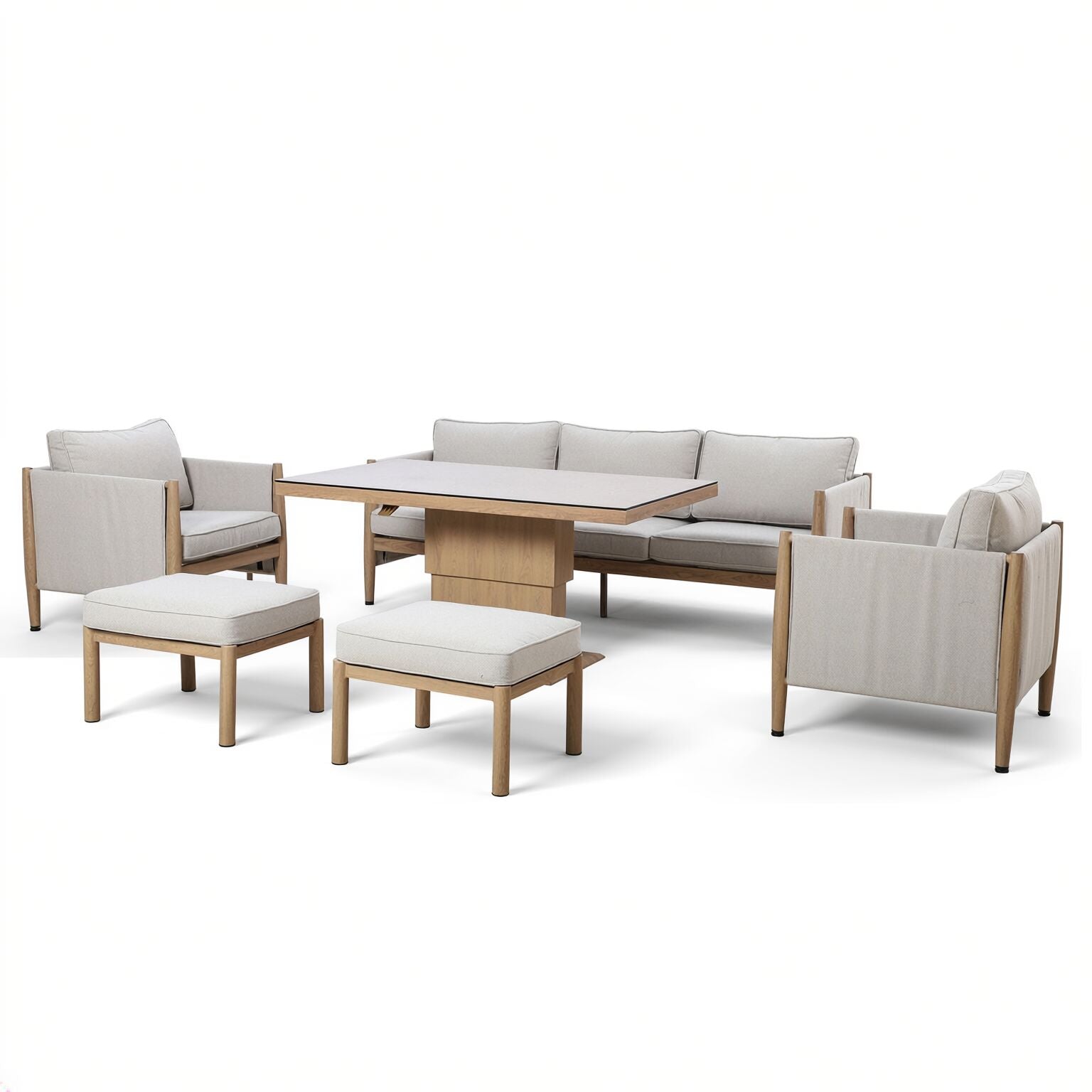 Maze - Burford 3 Seat Aluminium Sofa Dining Set
with Rising Table & Footstools - Almond - Blythe Living