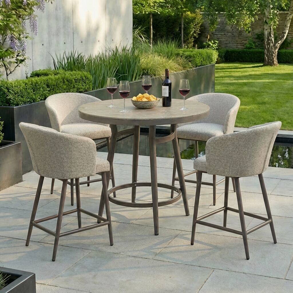 Maze - Outdoor Fabric Zen 4 Seat Low Round Bar Set - Latte - Blythe Living