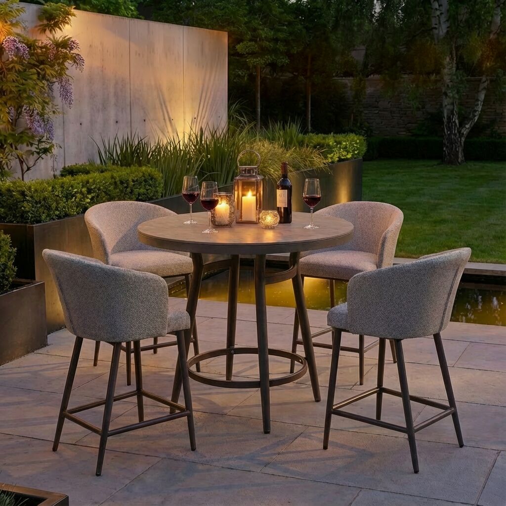 Maze - Outdoor Fabric Zen 4 Seat Low Round Bar Set - Latte - Blythe Living