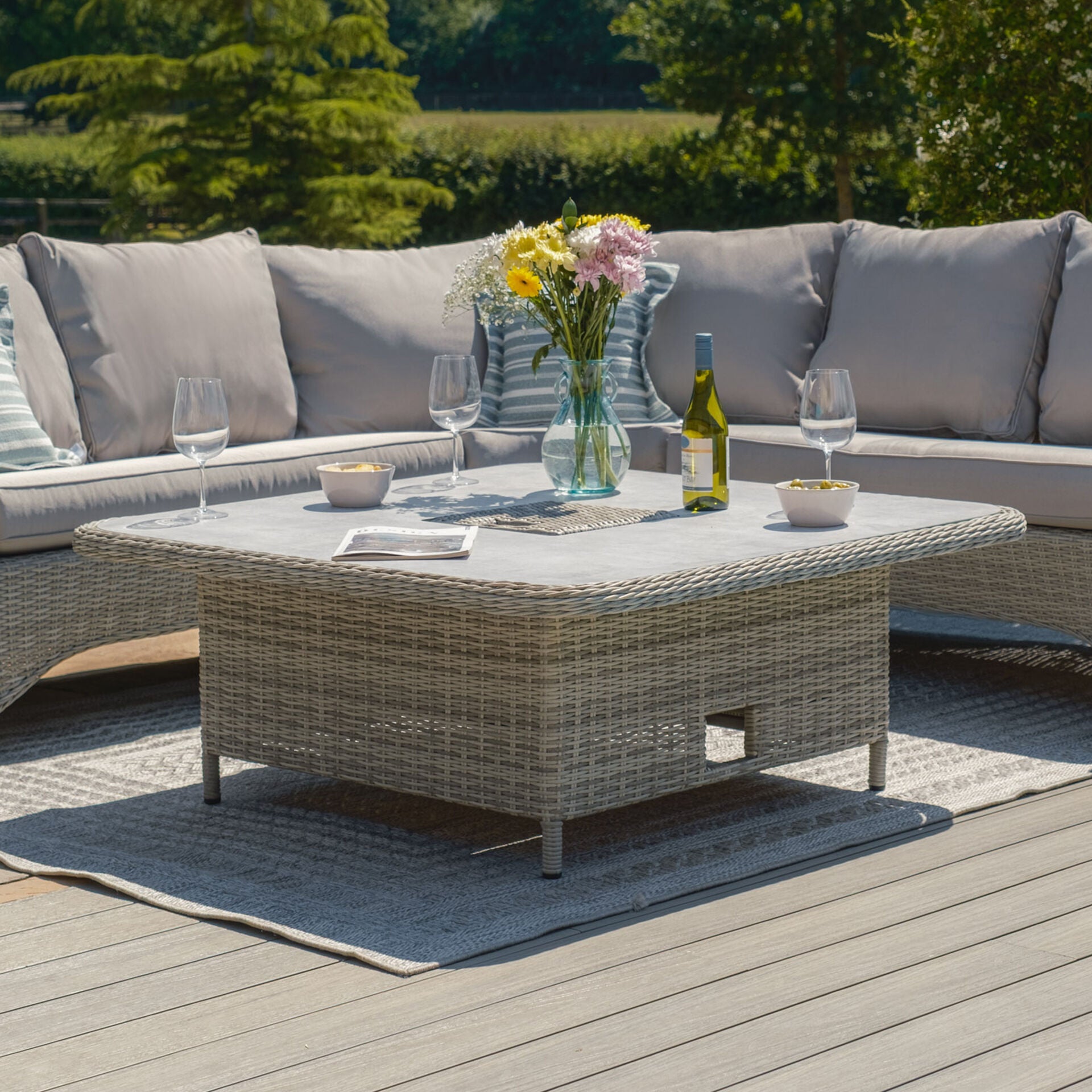 Maze - Oxford Royal U-Shaped Rattan Sofa Set
with Rising Table - Ceramic Glass - Blythe Living