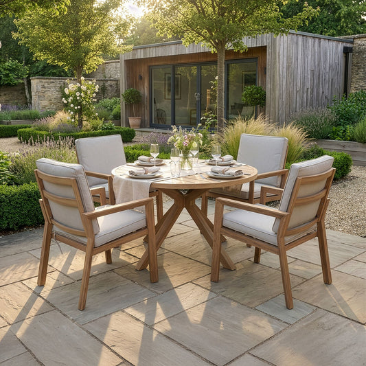 Maze - New York 4 Seat Round Aluminium Dining Set - Wood Effect - Blythe Living