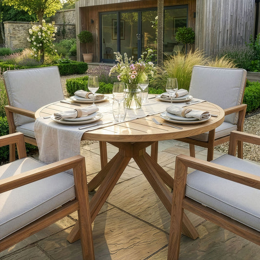 Maze - New York 4 Seat Round Aluminium Dining Set - Wood Effect - Blythe Living