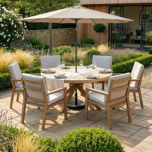 Maze - New York 6 Seat Round Aluminium Dining Set - Wood Effect - Blythe Living