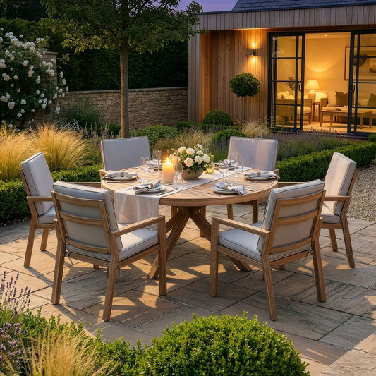 Maze - New York 6 Seat Round Aluminium Dining Set - Wood Effect - Blythe Living