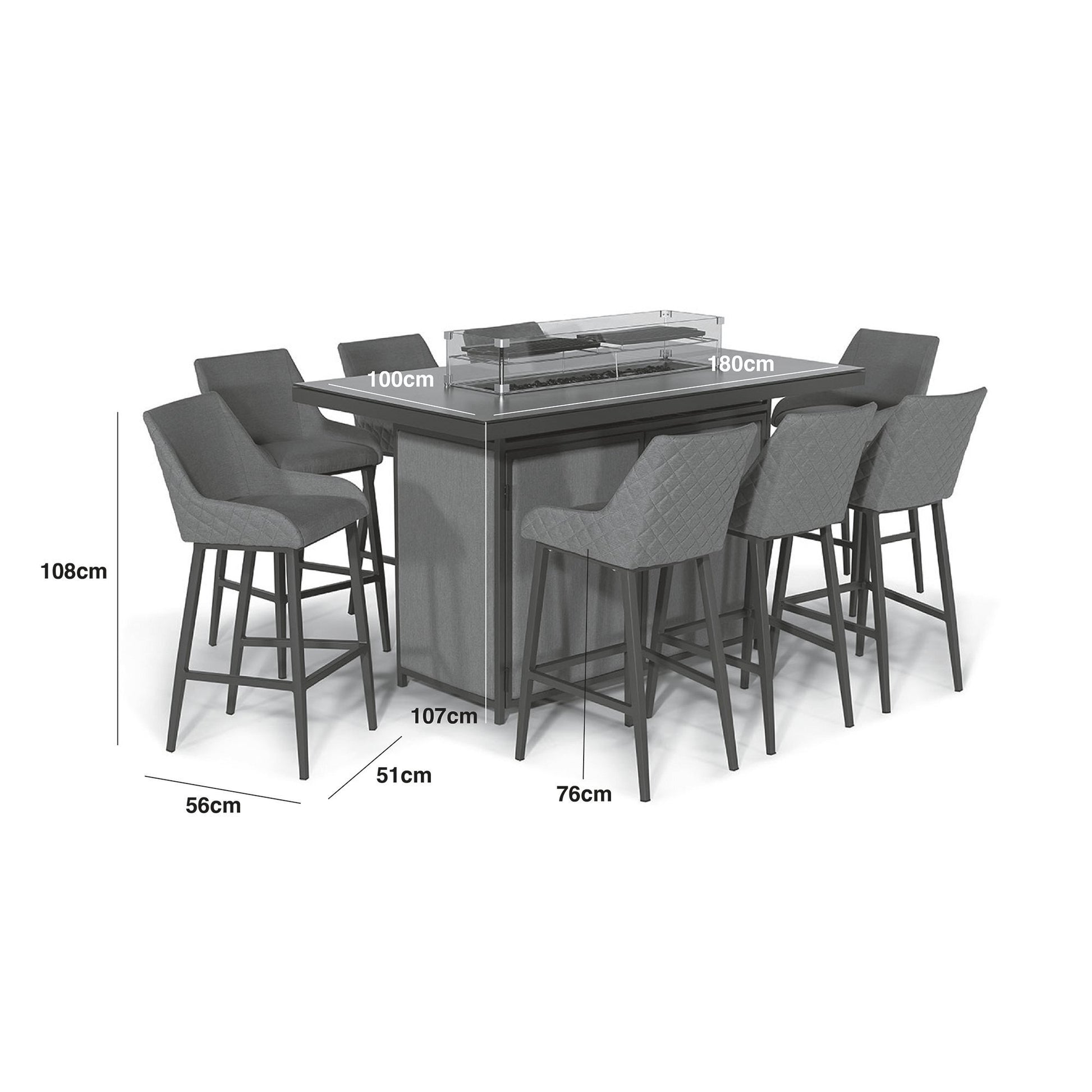 Maze - Outdoor Fabric Regal 8 Seat Rectangular Bar Set with Fire Pit Table - Charcoal - Blythe Living