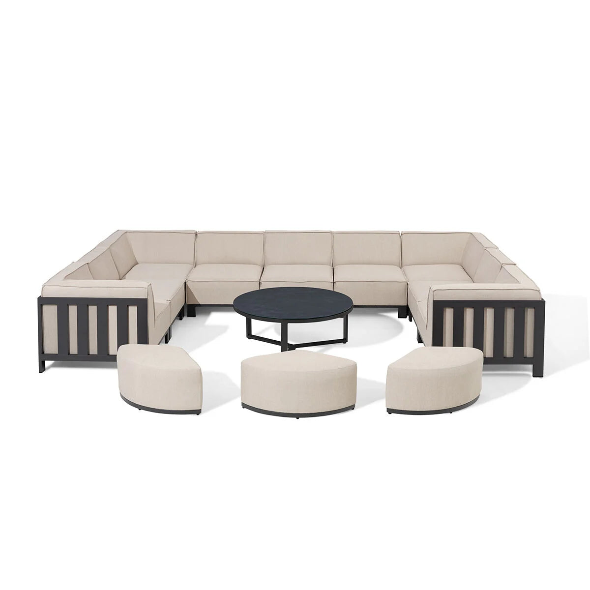Maze - Outdoor Fabric Ibiza U Shape Sofa Set with Round Coffee Table & 3 Footstools - Oatmeal - Blythe Living