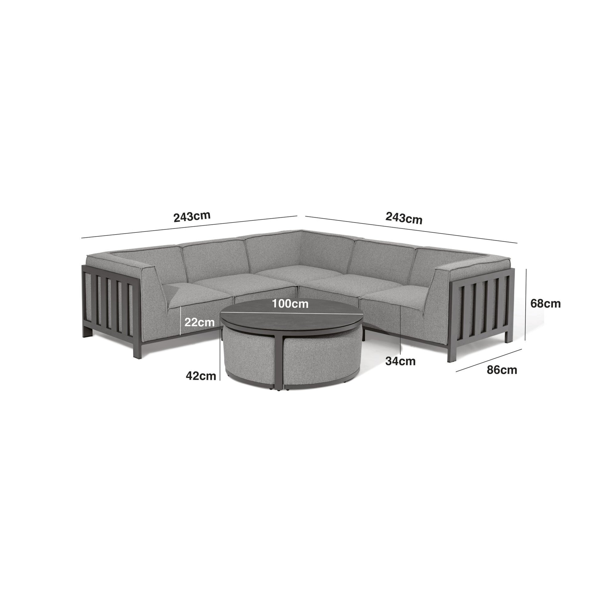 Maze - Outdoor Fabric Ibiza Small Corner Sofa Set with Round Coffee Table & 3 Footstools - Oatmeal - Blythe Living