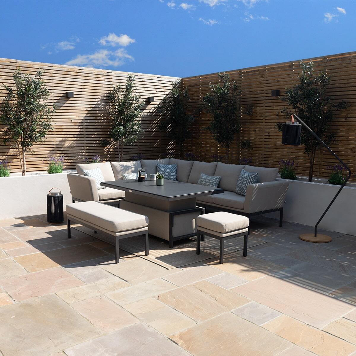 Maze - Outdoor Fabric Pulse Rectangular Corner Dining Set with Rising Table - Oatmeal - Blythe Living